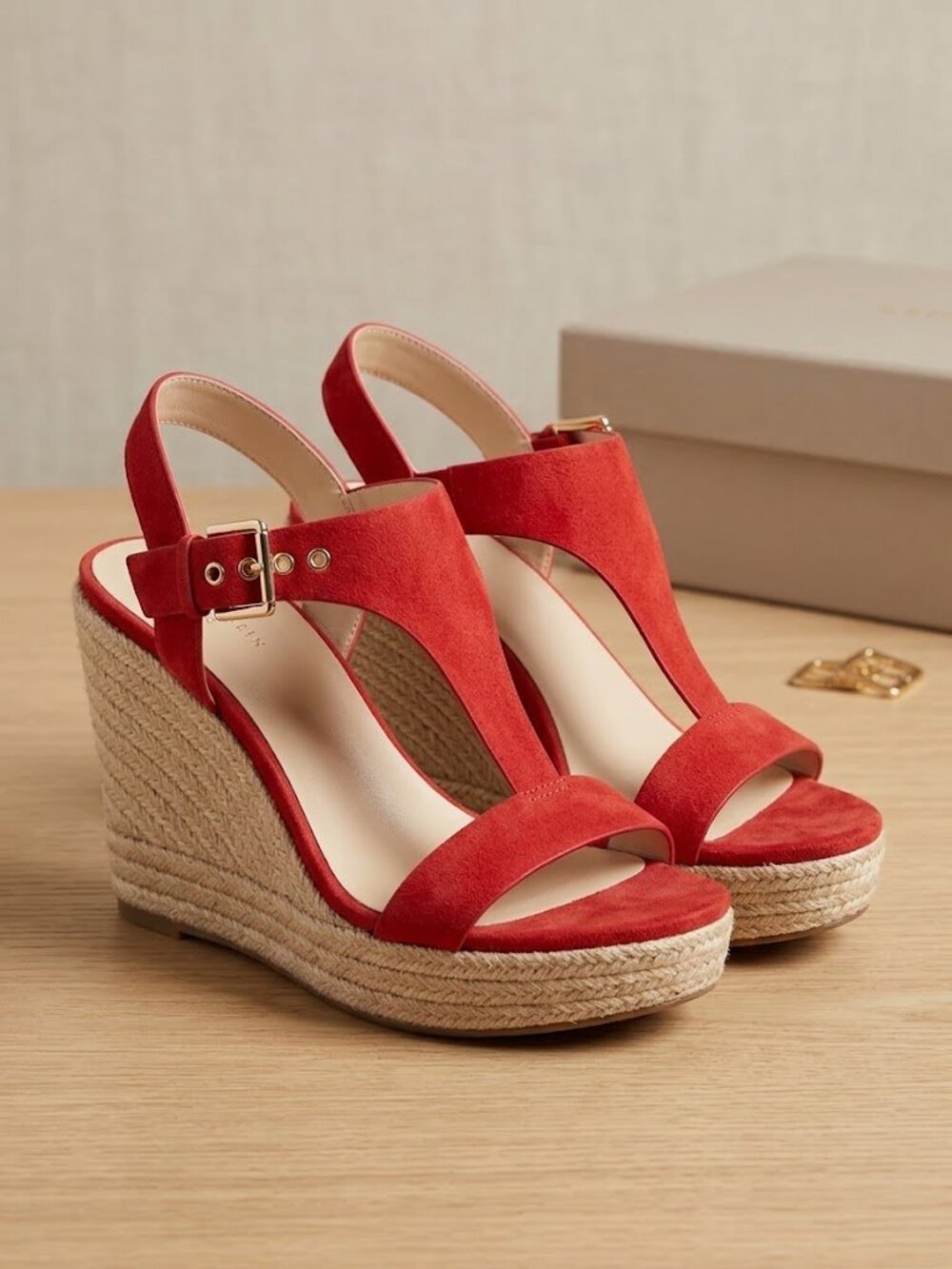 Kenneth Cole Reaction Red Suede T-Strap Wedge Sandals with Ankle Buckle